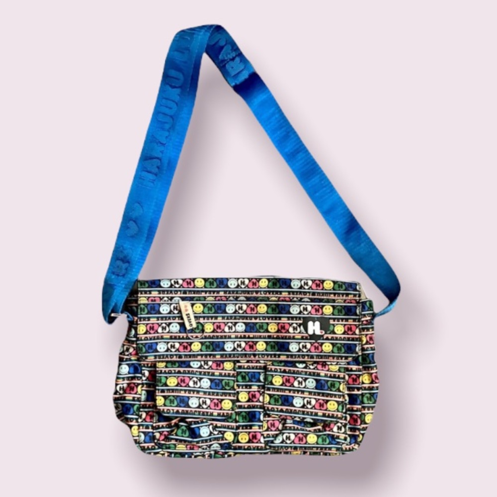 Vintage Harajuku Lovers Rare Smiley Face Messenger Bag with Blue Strap